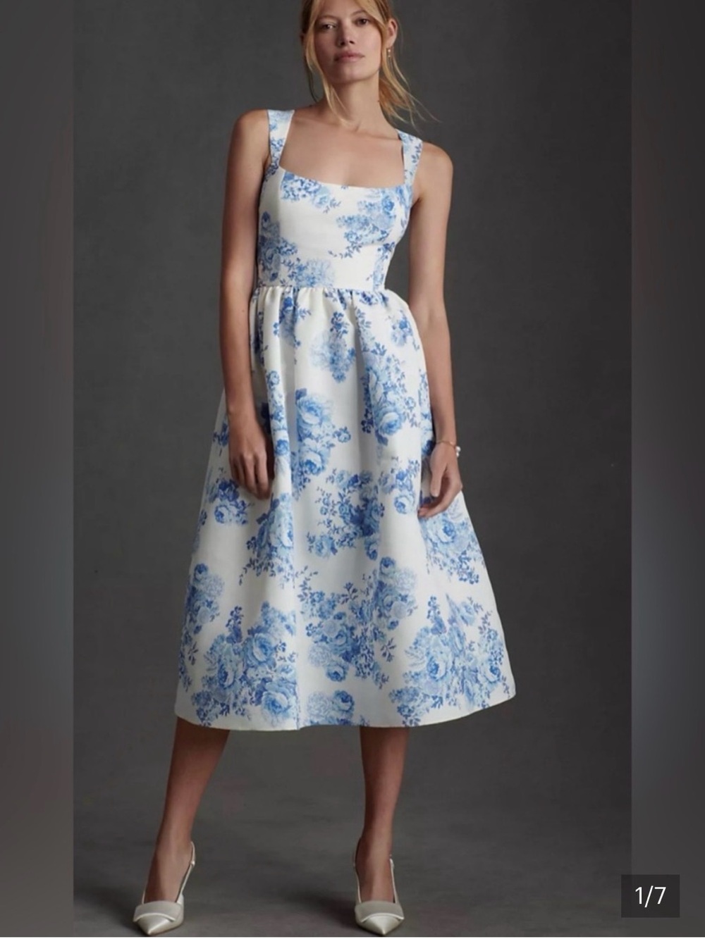 Sachin + Babi Blaine Taffeta Square Neck White Midi Dress with Blue Floral Print